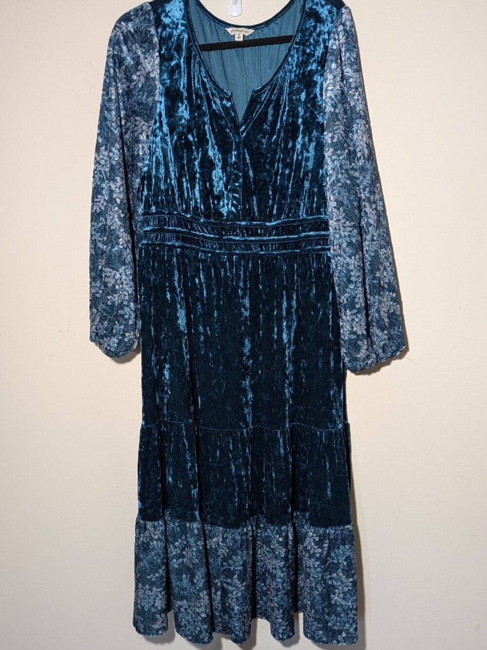 Frye and Co. Velvet Blouse Sleeve Tiered Midi Peasant Floral Dress XL Teal Blue